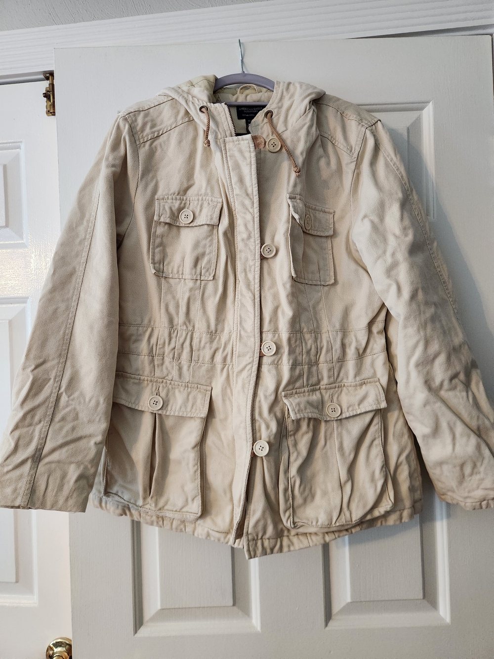 Vintage American Eagle Outfitters Hooded Winter Utility Coat Jacket Cream Y2k XL